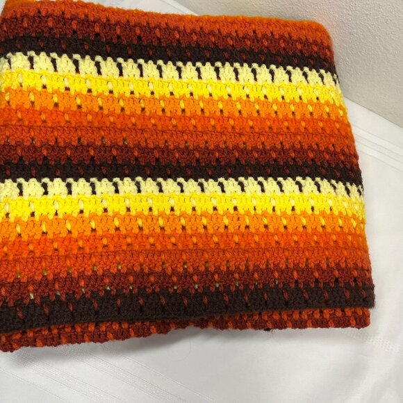 Vintage Crochet Afghan Striped Orange & Brown Yellow Throw Blanket 51 X 63 - Picture 5 of 5
